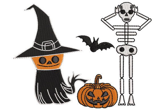 Halloween Pumpkin, Skeleton Witch and Bats